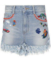 Джинсовые мини-шорты с потертостями и вышивкой Steve J & Yoni P