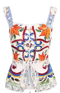 Приталенный хлопковый топ с принтом и кружевной отделкой Dolce &amp; Gabbana