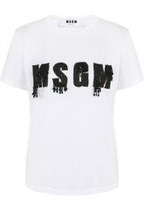 Хлопковая футболка с вышитым логотипом бренда MSGM