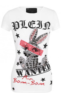 Приталенная хлопковая футболка с принтом и стразами Philipp Plein