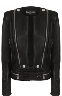 Приталенная кожаная куртка с косой молнией Balmain
