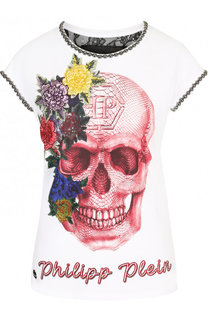 Приталенная хлопковая футболка со стразами и вышивкой Philipp Plein