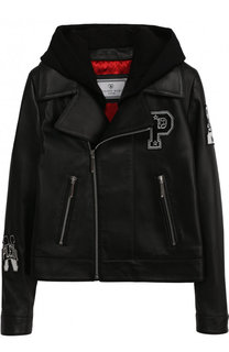Кожаная куртка с капюшоном и нашивками Philipp Plein
