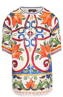 Шелковый топ с ярким принтом и кружевной отделкой Dolce &amp; Gabbana