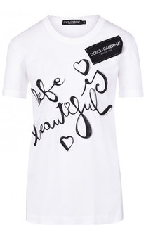 Хлопковая футболка прямого кроя с контрастным принтом Dolce &amp; Gabbana