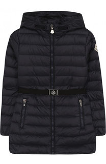 Стеганое пуховое пальто с капюшоном и поясом Moncler Enfant