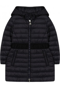 Стеганое пуховое пальто с капюшоном и эластичной вставкой на поясе Moncler Enfant