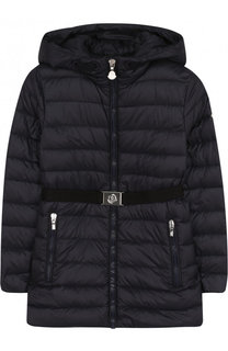 Стеганое пуховое пальто с капюшоном и поясом Moncler Enfant
