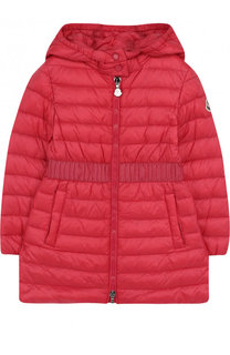 Стеганое пуховое пальто с капюшоном и эластичной вставкой на поясе Moncler Enfant