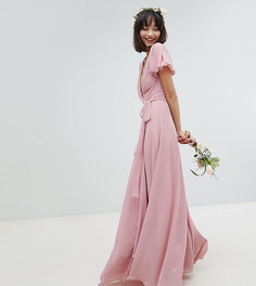 Платье макси с запахом, поясом на завязке и пышными рукавами TFNC - Розовый