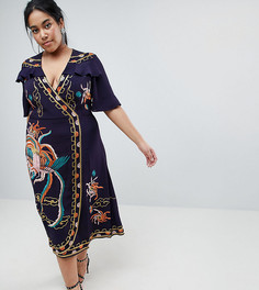 Премиум-платье с запахом, вышивкой и оборками ASOS DESIGN Curve - Темно-синий