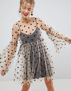 Свободное платье мини с сетчатым верхним слоем в горошек ASOS - Мульти