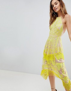 Платье миди с вышивкой и отделкой бахромой ASOS - Желтый