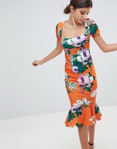 Облегающее платье макси с оборкой на подоле и цветочным принтом ASOS - Мульти