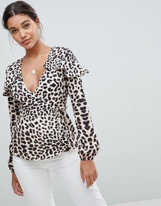Блузка с запахом и леопардовым принтом Missguided - Коричневый
