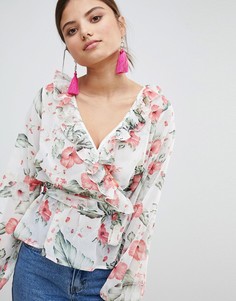 Шифоновая блузка с завязкой сбоку и цветочным принтом Missguided - Белый