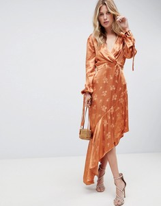 Платье миди с цветочным рисунком и асимметричным краем ASOS DESIGN - Оранжевый