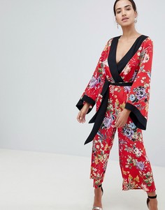 Комбинезон в стиле кимоно с цветочным принтом и контрастной отделкой ASOS DESIGN - Мульти