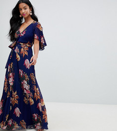 Платье макси с плиссировкой, рукавами клеш и цветочным принтом ASOS DESIGN Petite - Темно-синий