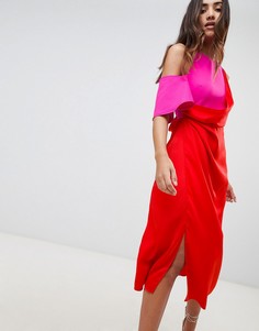 Атласное платье миди в стиле колор блок ASOS DESIGN - Красный