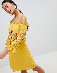 Платье с открытыми плечами и вышивкой Parisian - Желтый