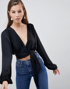 Атласный топ с глубоким вырезом и запахом ASOS DESIGN - Черный