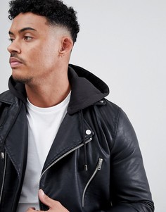 Черная байкерская куртка из искусственной кожи со съемным капюшоном River Island - Черный
