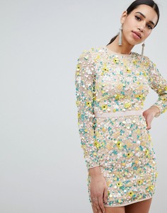 Платье мини с длинными рукавами и цветочной 3d отделкой ASOS DESIGN - Мульти