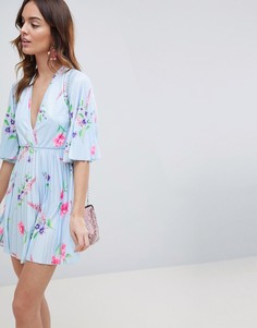 Платье-кимоно мини с цветочным принтом и плиссировкой ASOS DESIGN - Мульти