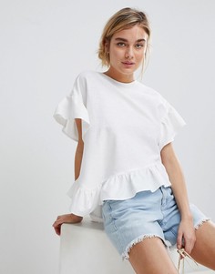 Льняная футболка с оборкой на нижней кромке ASOS DESIGN - Кремовый