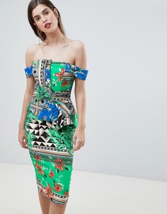 Облегающее платье с платочным принтом и бантом спереди River Island - Зеленый