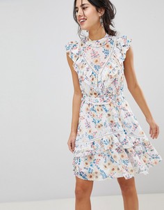 Платье мини с цветочным принтом, оборками и кружевом Forever New - Мульти