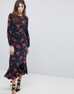 Платье макси с цветочным принтом и пышными рукавами на манжетах Fashion Union - Черный