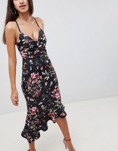 Платье миди с цветочным принтом и баской ASOS DESIGN - Мульти
