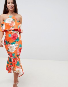 Платье миди с открытыми плечами и асимметричной баской ASOS DESIGN - Мульти