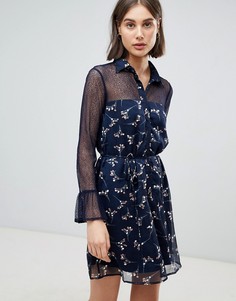 Платье-рубашка с цветочным принтом и полупрозрачными вставками Lavand - Синий