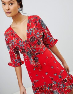 Чайное платье с цветочным принтом и завязкой Parisian - Красный