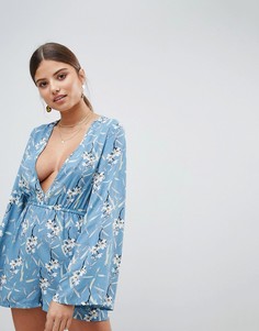 Ромпер с цветочным принтом и глубоким вырезом Missguided - Синий