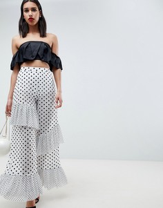Брюки в горошек с оборками ASOS DESIGN - Белый