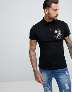 Черная футболка-поло с золотистым логотипом-тигром Versace Jeans - Черный