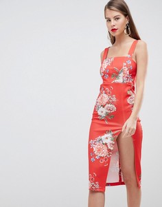 Платье-футляр миди с цветочным принтом и разрезом до бедра ASOS DESIGN - Красный