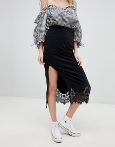 Трикотажная юбка-карандаш миди с кружевом и разрезом ASOS DESIGN - Черный