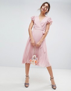 Платье миди с рукавами-оборками и плиссировкой ASOS - Розовый