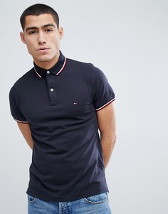 Темно-синяя футболка-поло из пике с окантовкой и логотипом Tommy Hilfiger - Черный