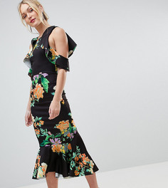 Платье миди с цветочным принтом, открытыми плечами и баской ASOS DESIGN Tall - Мульти