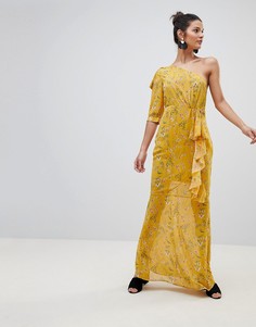 Платье макси на одно плечо с цветочным принтом PrettyLittleThing - Желтый