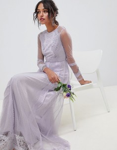 Платье макси из сетки добби с кружевом и длинными рукавами ASOS DESIGN Bridesmaid - Фиолетовый