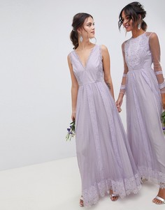 Платье макси из сетки добби с кружевом ASOS DESIGN Bridesmaid - Фиолетовый