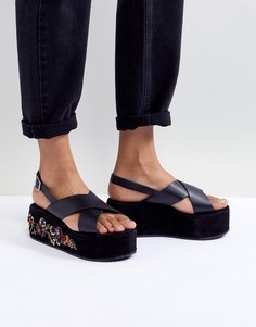 Черные сандалии на плоской платформе с вышивкой Glamorous - Черный