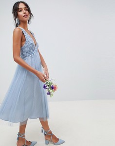 Платье миди из кружева и сетчатой ткани добби ASOS DESIGN Bridesmaid - Синий